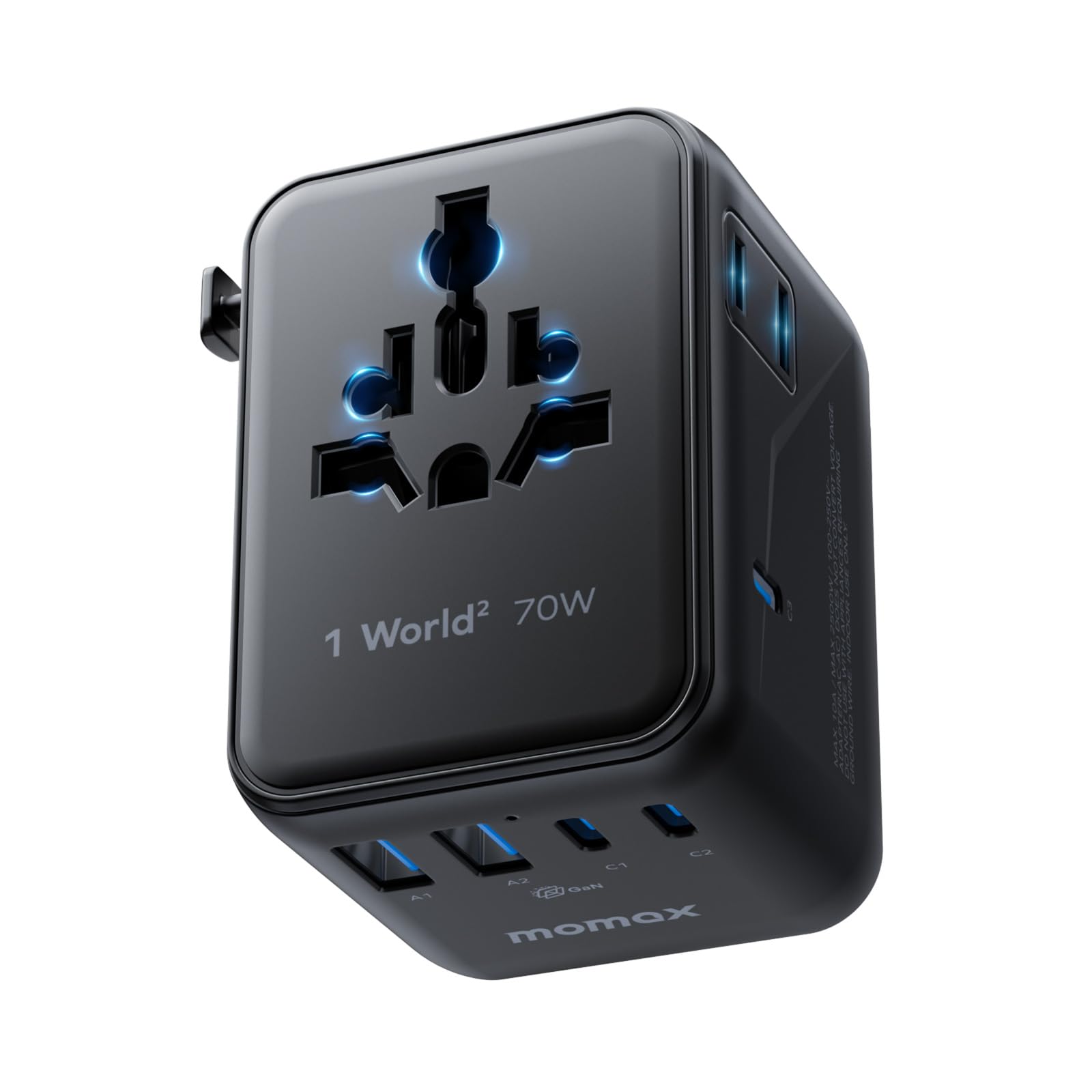 MOMAX Universal Travel Adapter,70W GaN Travel Plug Adapter with UK/EU/AU/US Plugs, 2AC, 3USB-C PD & 2USB-A QC International Adapter Charger, Adapter Plug for Laptops Tablets Phones