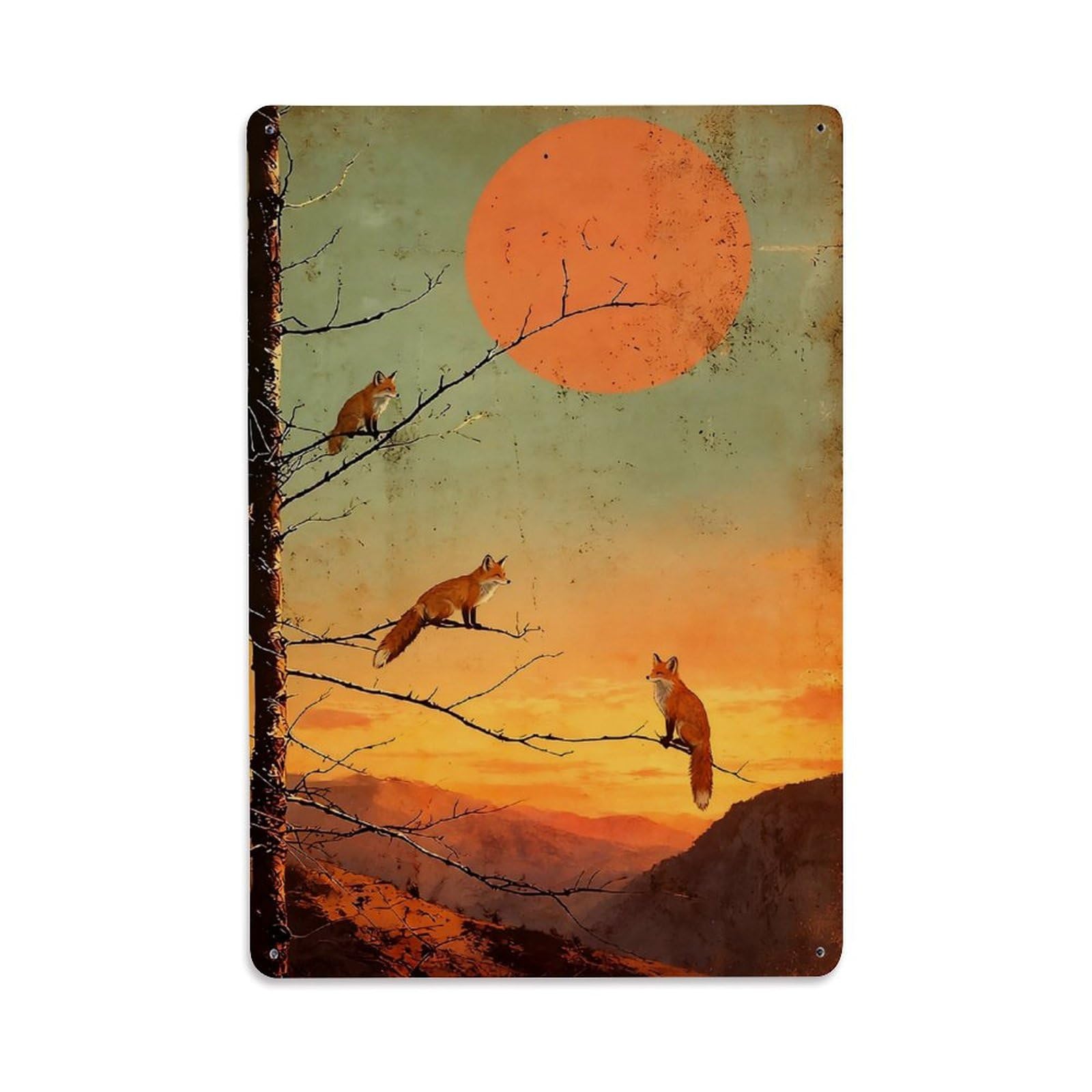 Foxes On Branches Sunset Mountain Retro Metal Tin Sign, Vintage Decor Art Poster for Bar, Home, Man Cave, Kitchen, Laundry Room Gift 8x12Inch