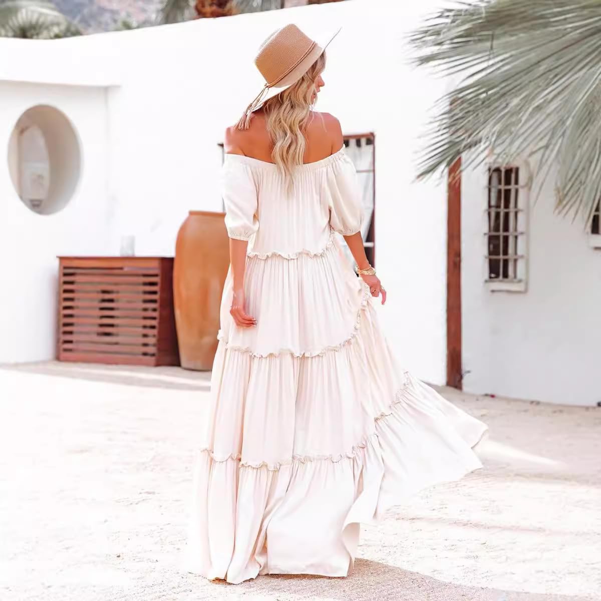 Vestito Estivo da Donna, Abito Casual, Abito Estivo Bianco con Spalle Scoperte, Abito a Vita Alta, Manica a Sbuffo, retrò, Sexy, Casual, Tunica, Abito da Spiaggia,S