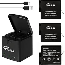 Vesiri Hero 7/6/5 Battery Rapid Charger Set, 3 x 1,500 mAh, Hero Spare Battery, Hero Charger, LED Charger, Type C Micro USB Charger, Simultaneous Charging, Charging Protection, Compatible Type