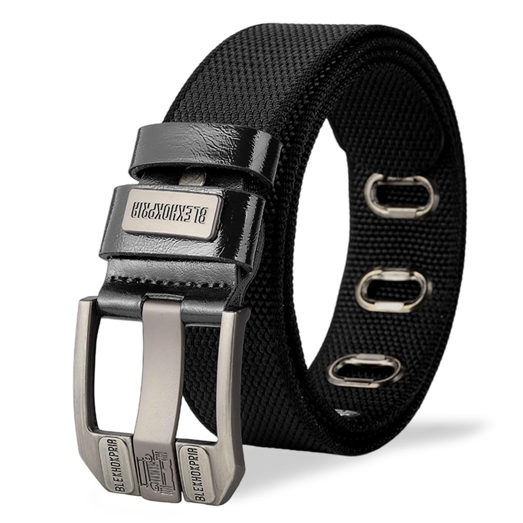 GUSTAVE® Belts for Man, Nylon Woven Men Belt, Tactical Mens Belt for Men Jeans, Pin-and-Tuck, Alloy Buckle, Adjustable Casual Outdoor Mens Fashion Accessories Stylish Belts Gifts - Black, 123cm/48.4''
