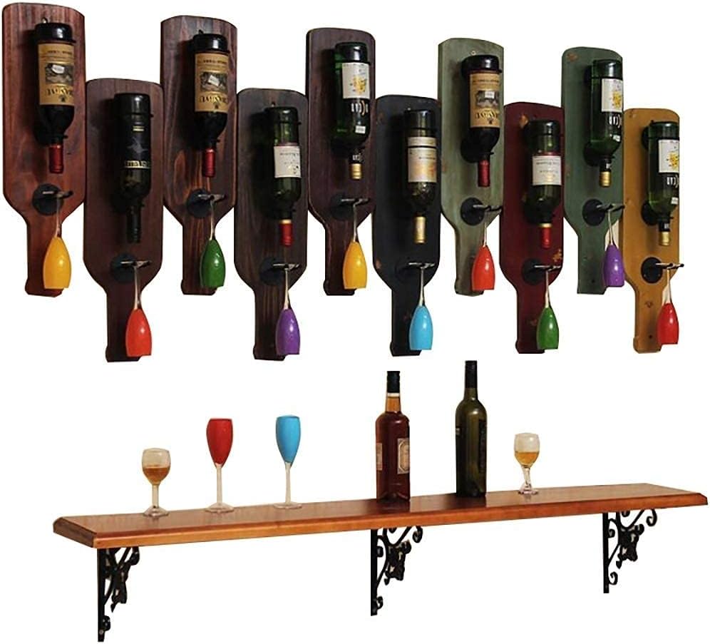 Bottles Wall Mounted Wine Rack with Glass Holder Wooden Iron Decorative Frame Wall Hanging Type Upside Down Goblet Rack Storage and Display Stand Livingroom Kitchen (Color : A6)