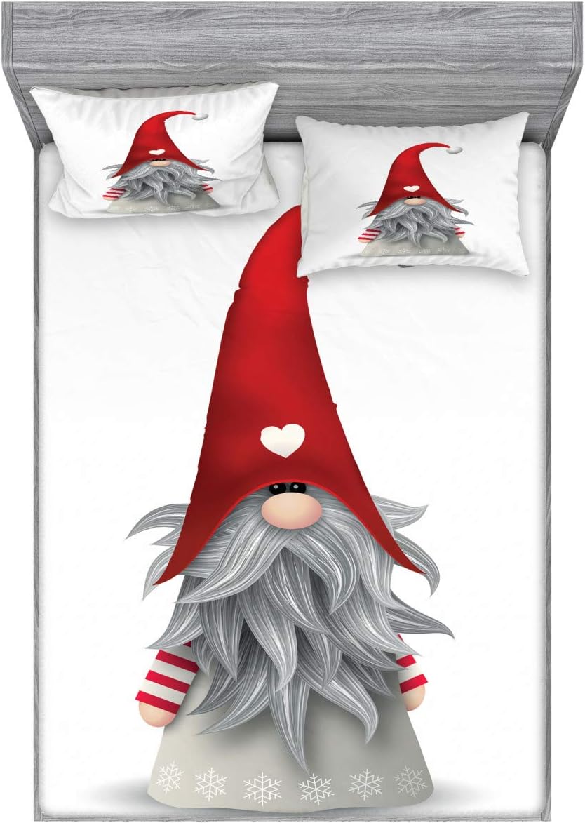Ambesonne Gnome Fitted Sheet & Pillow Sham Set, Nordic Tonttu Myth Finnish Creature Nisser Scandinavian Folklore Print, Decorative Printed 3 Piece Bedding Decor Set, Full, Grey Ruby