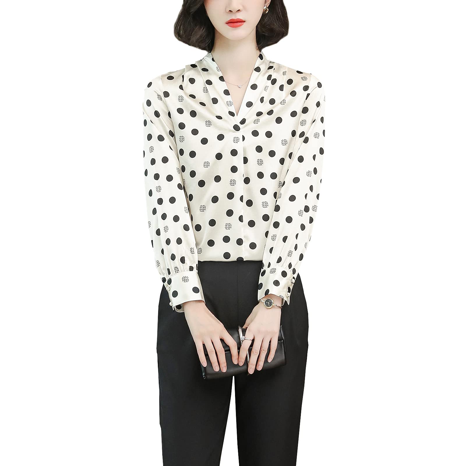 Valin Blusa de seda para mujer con estampado de puente, blusa de manga larga con cuello en V, blusa de seda, S3517