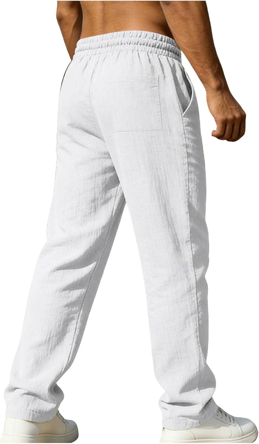 Men's Cotton Linen Pants Lightweight Drawstring Elastic Waist Slacks Loose Fit Straight Legs Beach Yoga Trousers Pockets