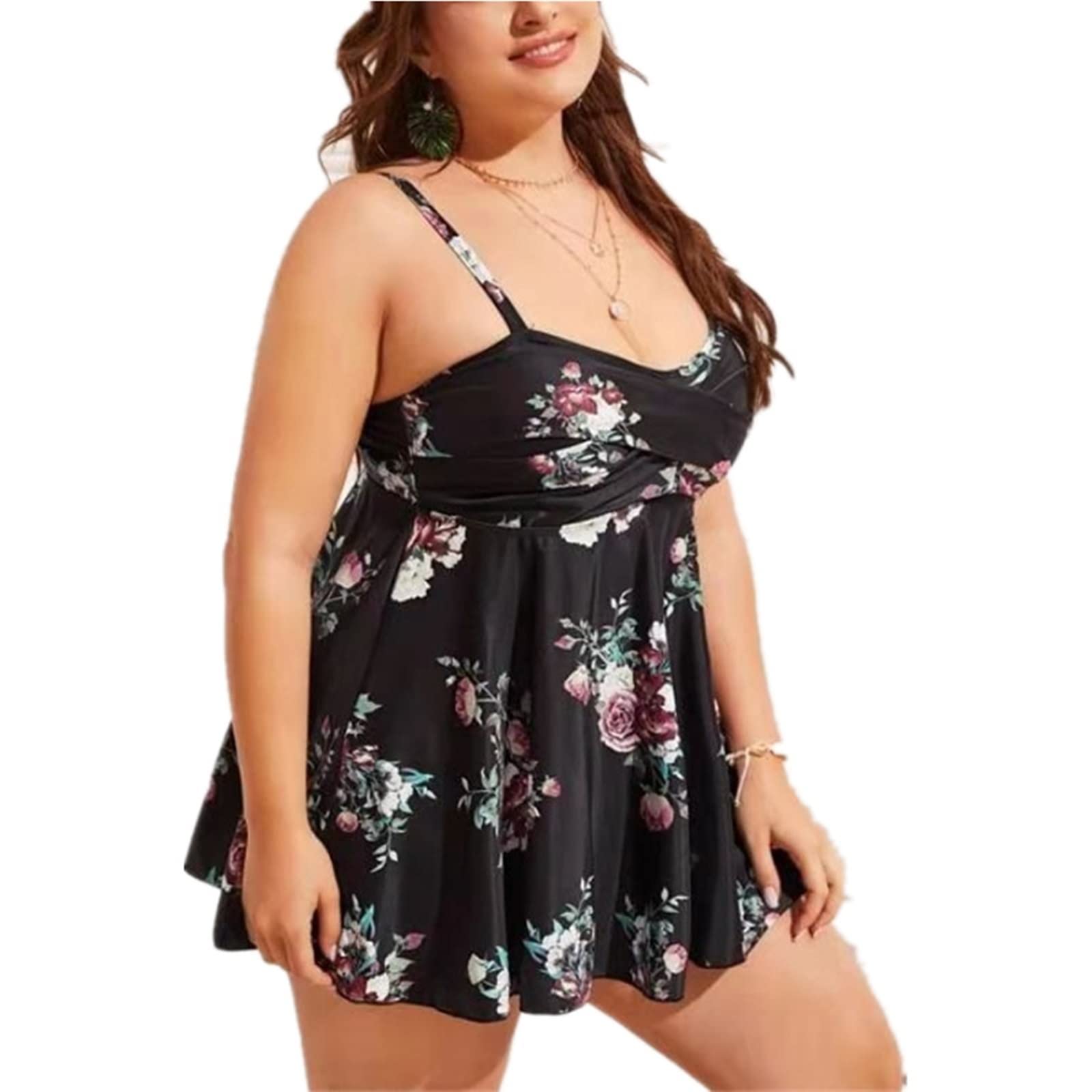 Sukienka pływacka plus size, czarna, damski 2-częściowy strój kąpielowy z kwiatami i liśćmi, na imprezę na plaży, na zewnątrz, rozmiar L-5XL, Czarny, XXL-3XL duże rozmiary