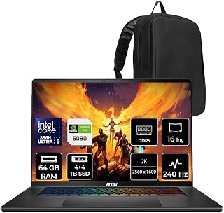 Msı Stealth 16 Aı+ Intel Core Ultra 9-386H Rtx 5080 16Gb 125W 64Gb Ram 4Tb + 4Tb Ssd 16" Qhd+ 240Hz Oled Freedos B3Wı003Trp342 Gaming Laptop + Per4 Çanta