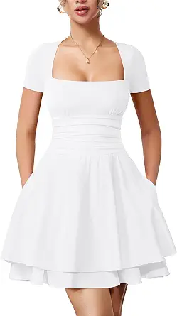 OYS Women's Casual Short Sleeve Square Neck Mini Dress with Pockets