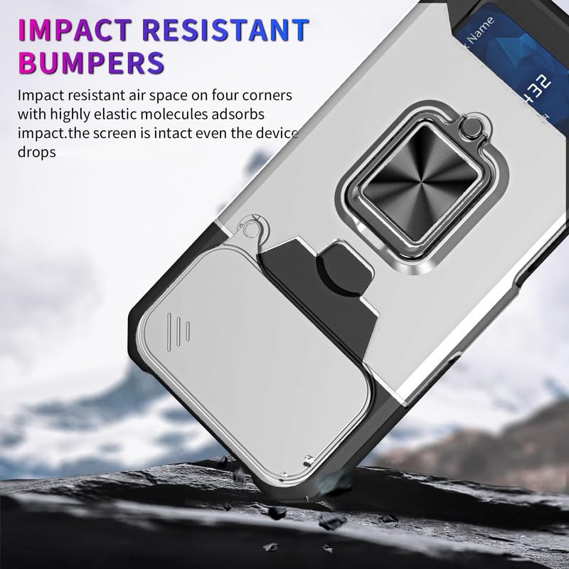 Image of LuxuryKase Shockproof Armor Case for iPhone 17 Pro Max | Slide Camera Cover | Hidden Card Slot | Rotating Ring Kickstand | Magnetic Car Mount Support | Military Grade Protection - White