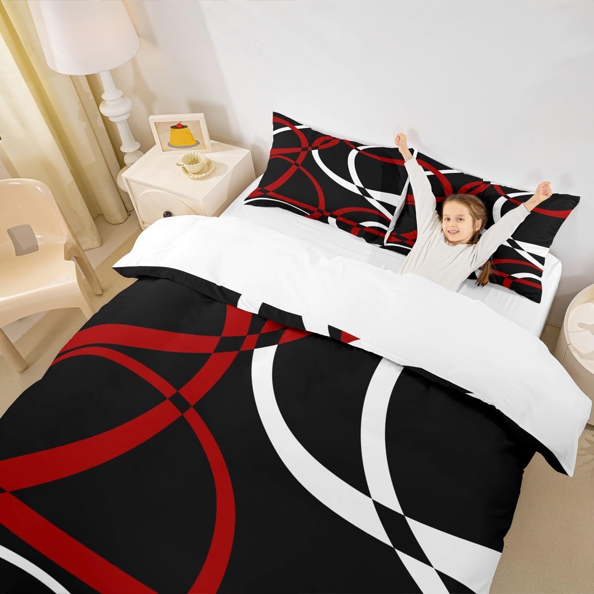 White Black Red Swirls Bedding Set,Retro Circle Stripes Duvet Cover for Kids Teen Boys Girls,Modern Abstract Comforter Cover Decorative Room,Modern Simple Quilt Cover with 2 Pillowcases,King Size