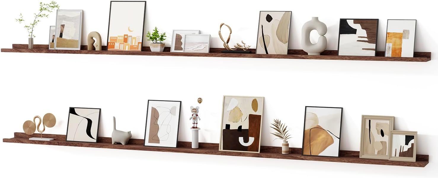 Floating Picture Ledge Shelves for Wall Set of 2, 95 Inches Picture Ledge Shelf with Long Large Nursery Book Shelf for Toys Storage Kids Bookshelf Wall Mounted Living Room Bedroom Decor Frames, Walnut Picture Ledge Shelves,walnut 95", Set of 2
