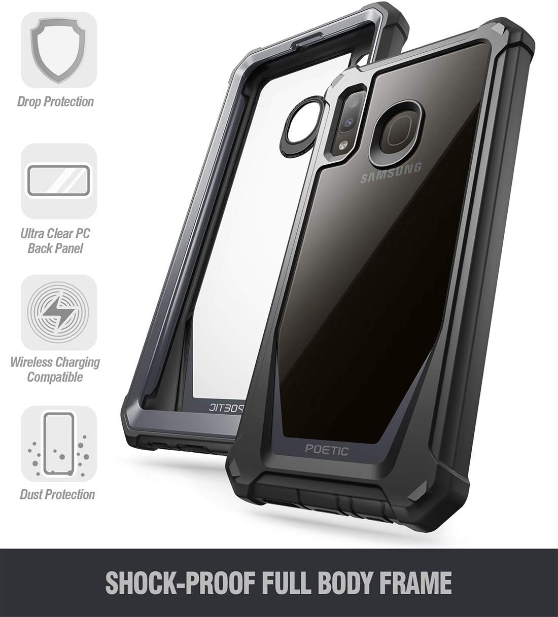 Poetic Galaxy A20 Rugged Clear Case, Galaxy A30 Case, Full-Body Hybrid Shockproof Bumper Cover, Built-in-Screen Protector, Guardian Series, Case for Samsung Galaxy A20 / Galaxy A30, Black/Clear