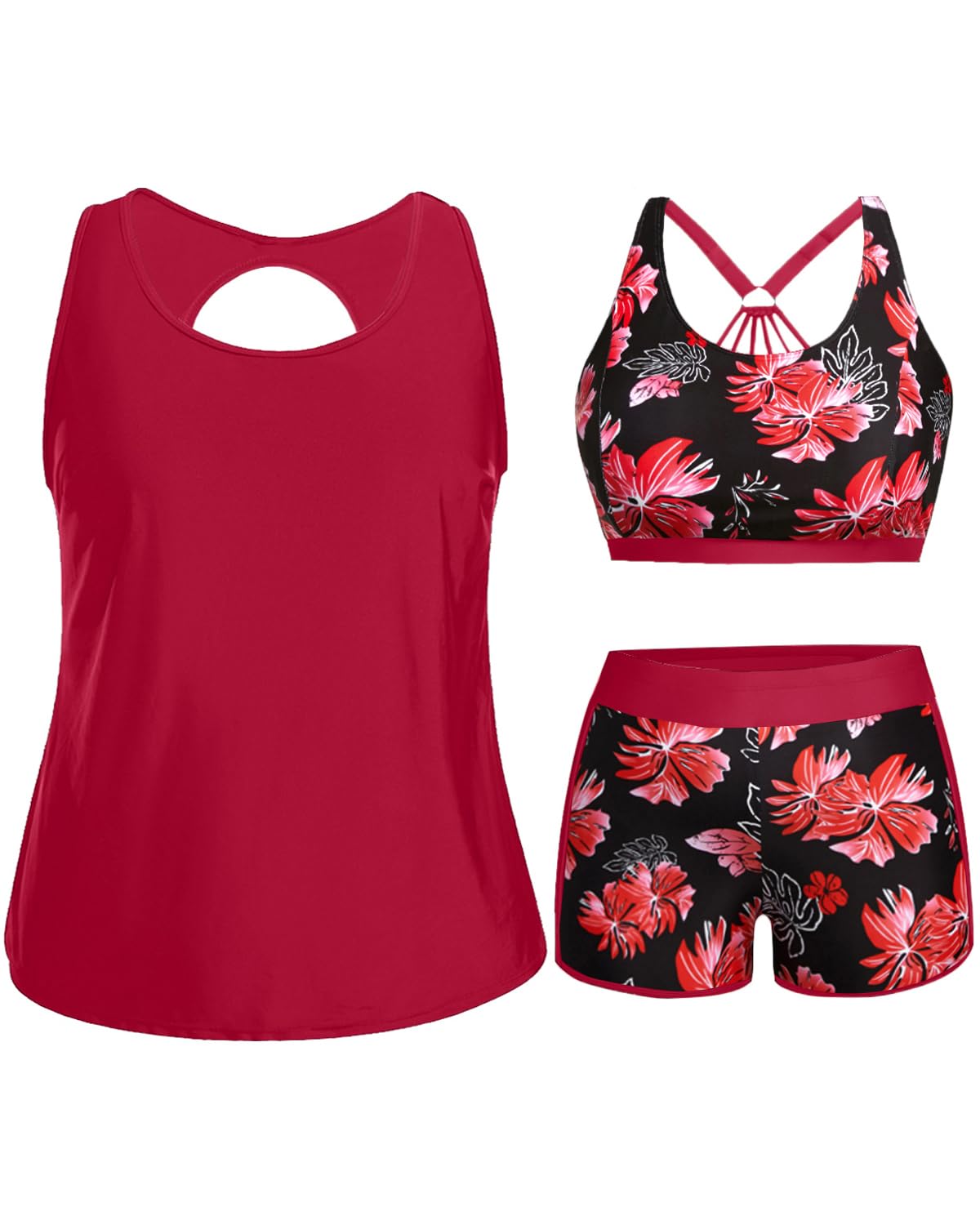 Holipick Women Plus Size Swimsuits - Athletic 3 Piece Tankini with Shorts