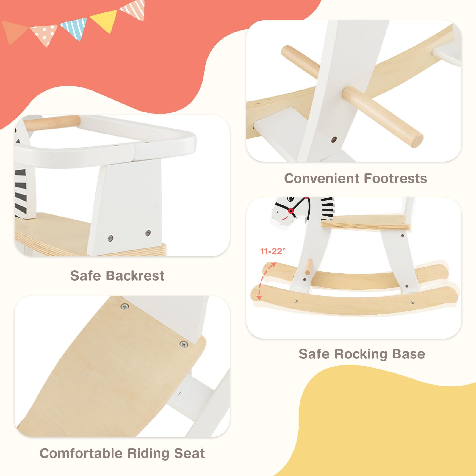 DREAMADE Schaukelpferd, Schaukeltier Holz, Schaukelstuhl mitwachsend mit abnehmbarem Schutzring und Fußstütze, Baby Schaukelpferd für Babys und Kleinkinder
