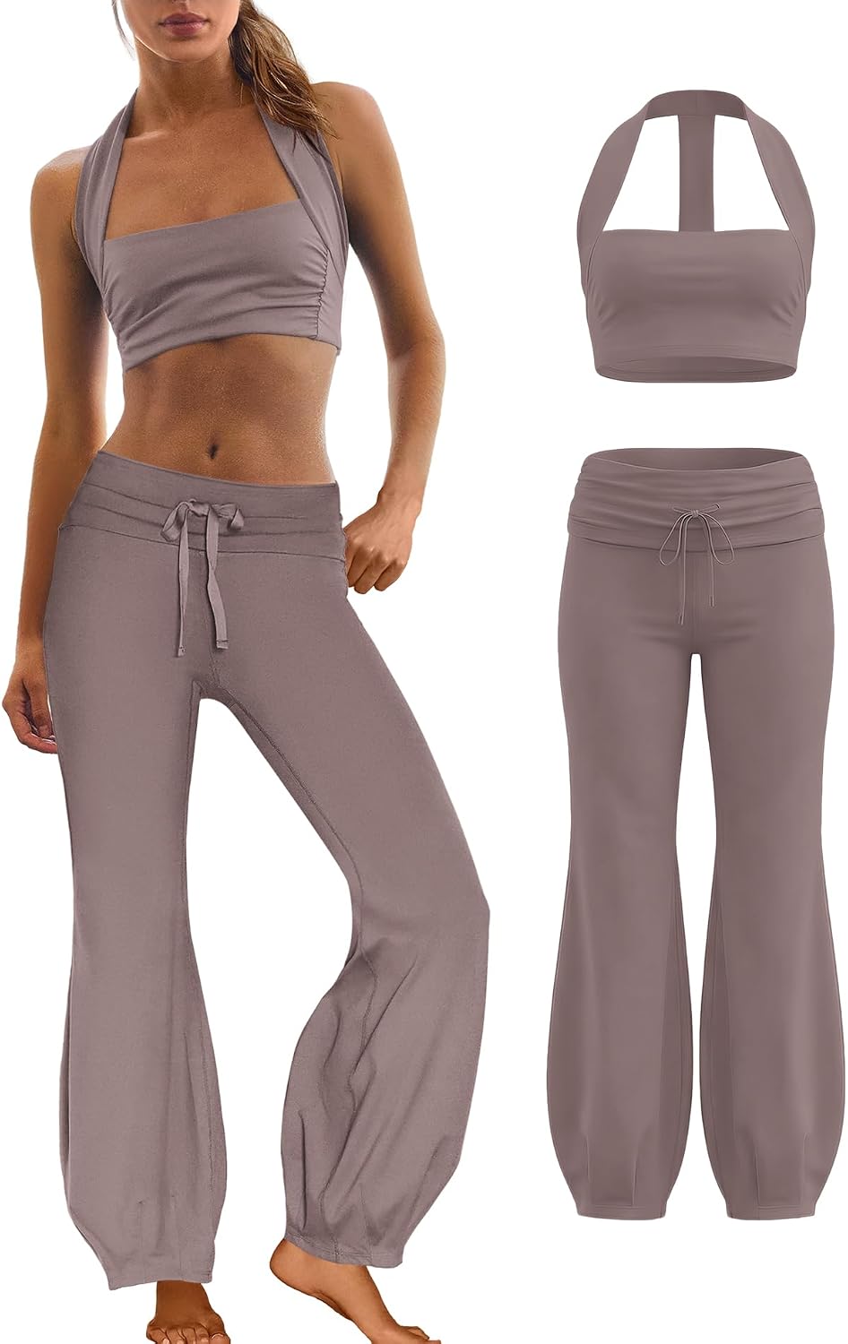 Panadila Women 2 Piece Yoga Sets Pilates Outfit Halter Sports Bra Fold Over Flare Leggings Matching Workout Set
