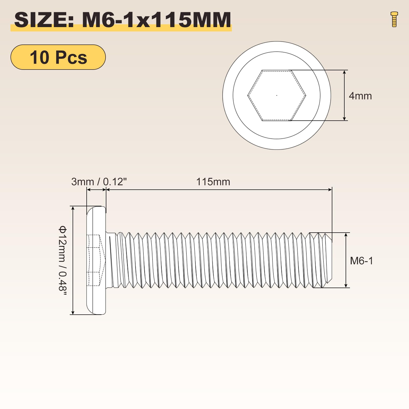 METALLIXITY Flat Head Hex Socket Cap Screws Bolts(M6-1x115) 10Pcs, 304 Stainless Steel Hex Socket Furniture Bolts Screws - for Furniture Woodworking Project, Silver Tone