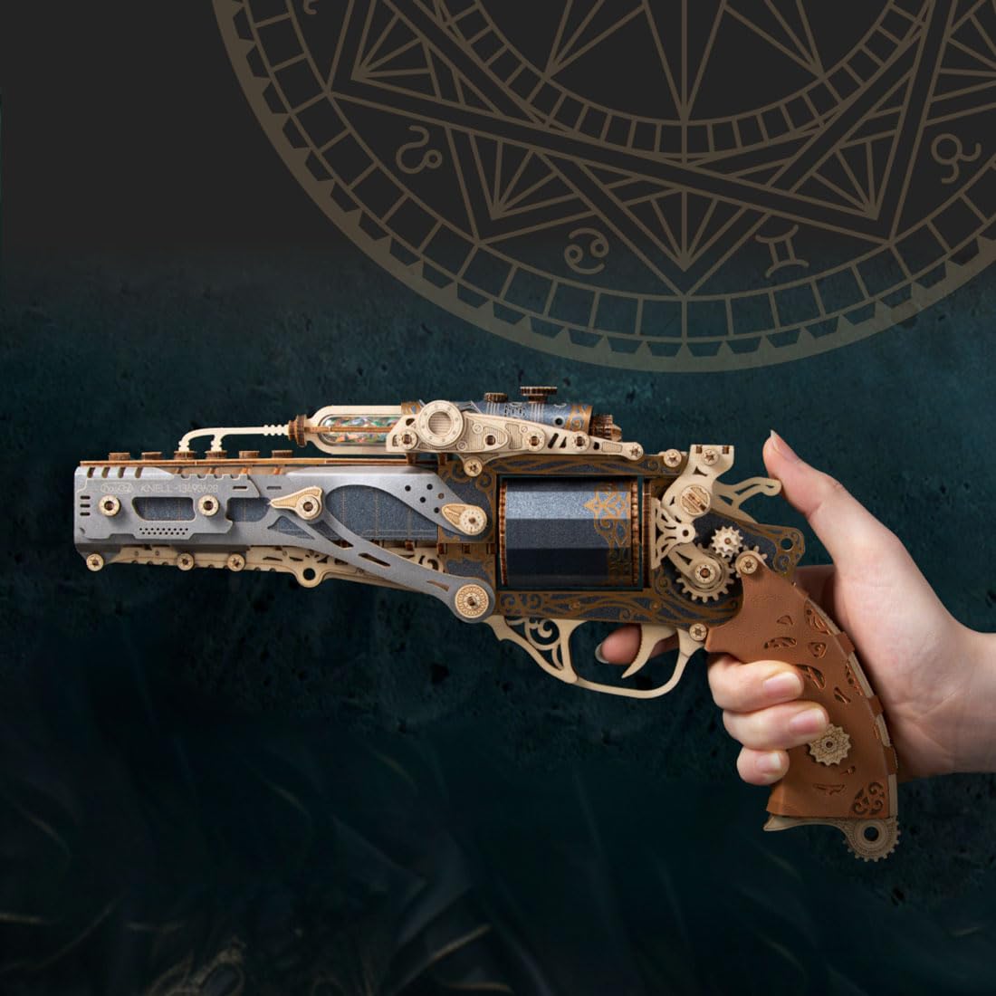 Drewniane puzzle 3D dla dorosłych, drewniany rewolwer, model zestawu do montażu, kompatybilne z drewnianymi kulkami, 318 szt. drewnianych puzzli 3D, steampunk, rewolwer 3D, puzzle, drewno,