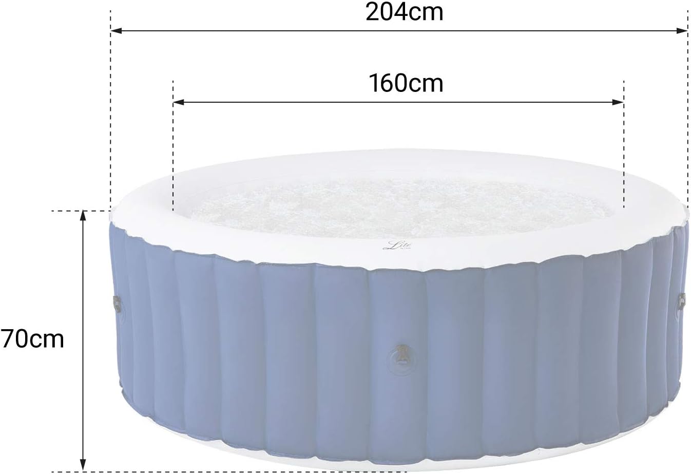 Diagram showing the external diameter of 204cm, internal diameter of 160cm, and height of 70cm for the MSPA LITE inflatable spa.