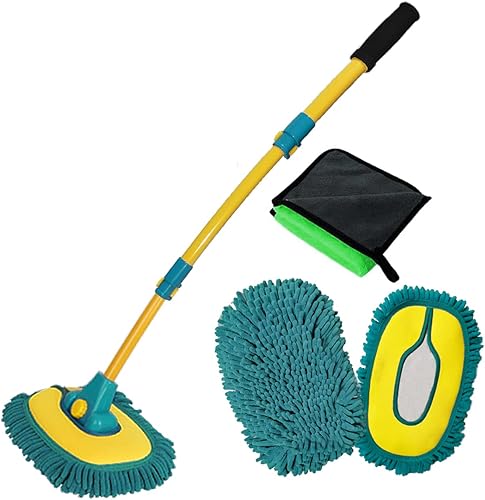 BMLEI Cepillo de lavado de autos con mango largo, toallas de microfibra, suministros de limpieza, manopla de lavado de autos con 2 cabezales de