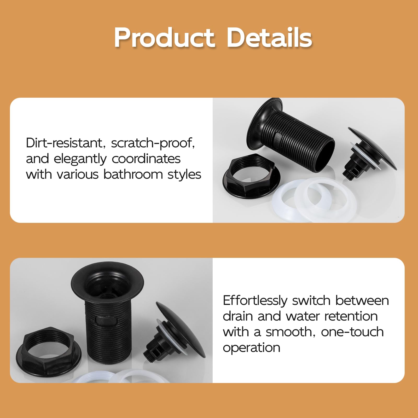 Desagüe Universal para Lavabo Sin Rebosadero, Válvula Clic Clac, Alta Impermeabilidad, Instalación Rápida, 2 Piezas, Negro Mate