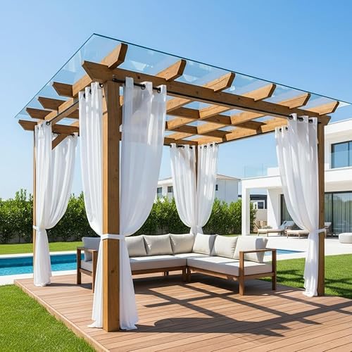 HolidayIdeas 8 Panels Outdoor Curtains for Patio-Linen Semi White Sheer