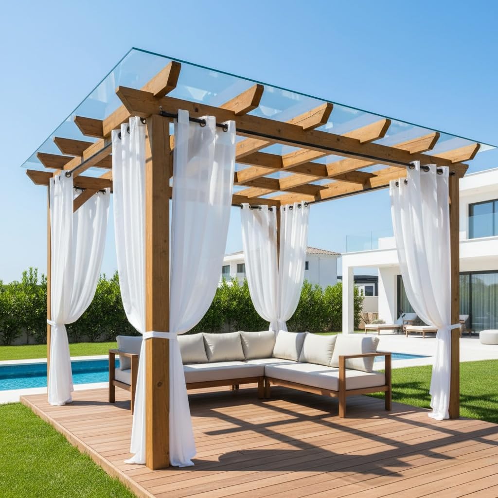 HolidayIdeas 8 paneli zasłon zewnętrznych na taras, lniane, półbiałe, przezroczyste zasłony na patio, wodoodporne, światło słoneczne do wewnątrz, na zewnątrz, do pawilonu, balkonu, basenu, podwórka,
