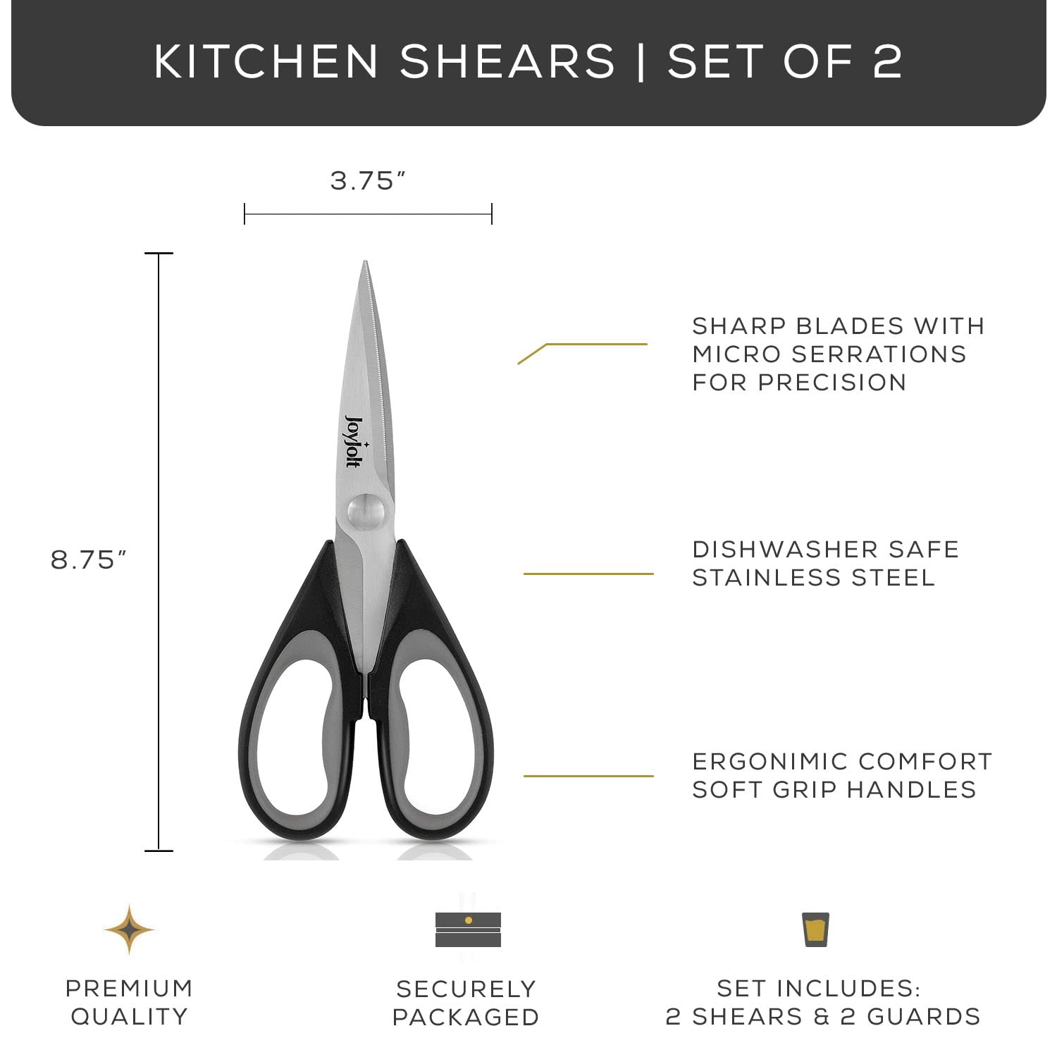 JoyJolt Kitchen Shears Heavy Duty Scissors (TWO) With Scissor Sheaths. All Purpose Utility Scissors; Herb Scissors, Vegetable Scissors, Meat Scissors, Chicken Shears. Stainless Steel Dishwasher Safe