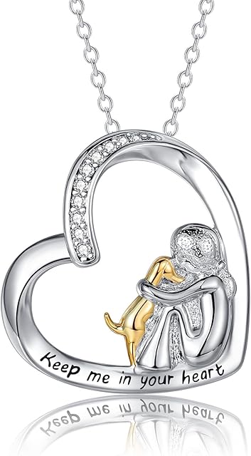 ITESSY Girl and Dog Necklaces for Girls, Silver Necklace Girl Hug Dog Pendant Necklace White Gold Heart Necklace Jewellery Gift for Dog LoversBirthday Gifts for HerSterling Silver Necklace