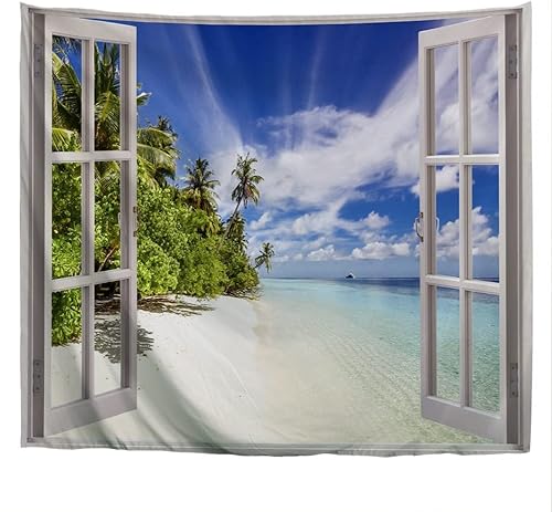 Miniatura 2 de IcosaMro Tapiz de ventana abierta para dormitorio, océano, playa, cielo azul, decoración para colgar en la pared, 51 x 60 pulgadas, azul