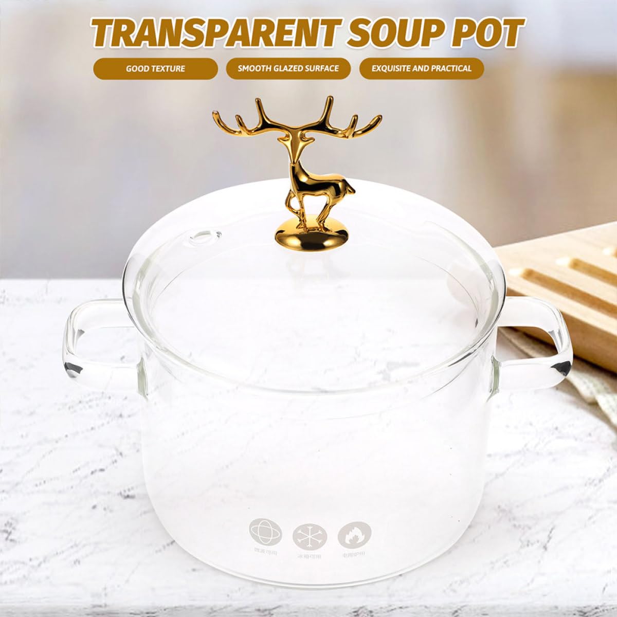 SEWACC Suppentopf aus Hitzebeständigem Glas mit 1900ml Fassungsvermögen Doppelohrgriff für Einfaches Handling Elk Style Deckel zum Kochen von Suppen im Haushalt