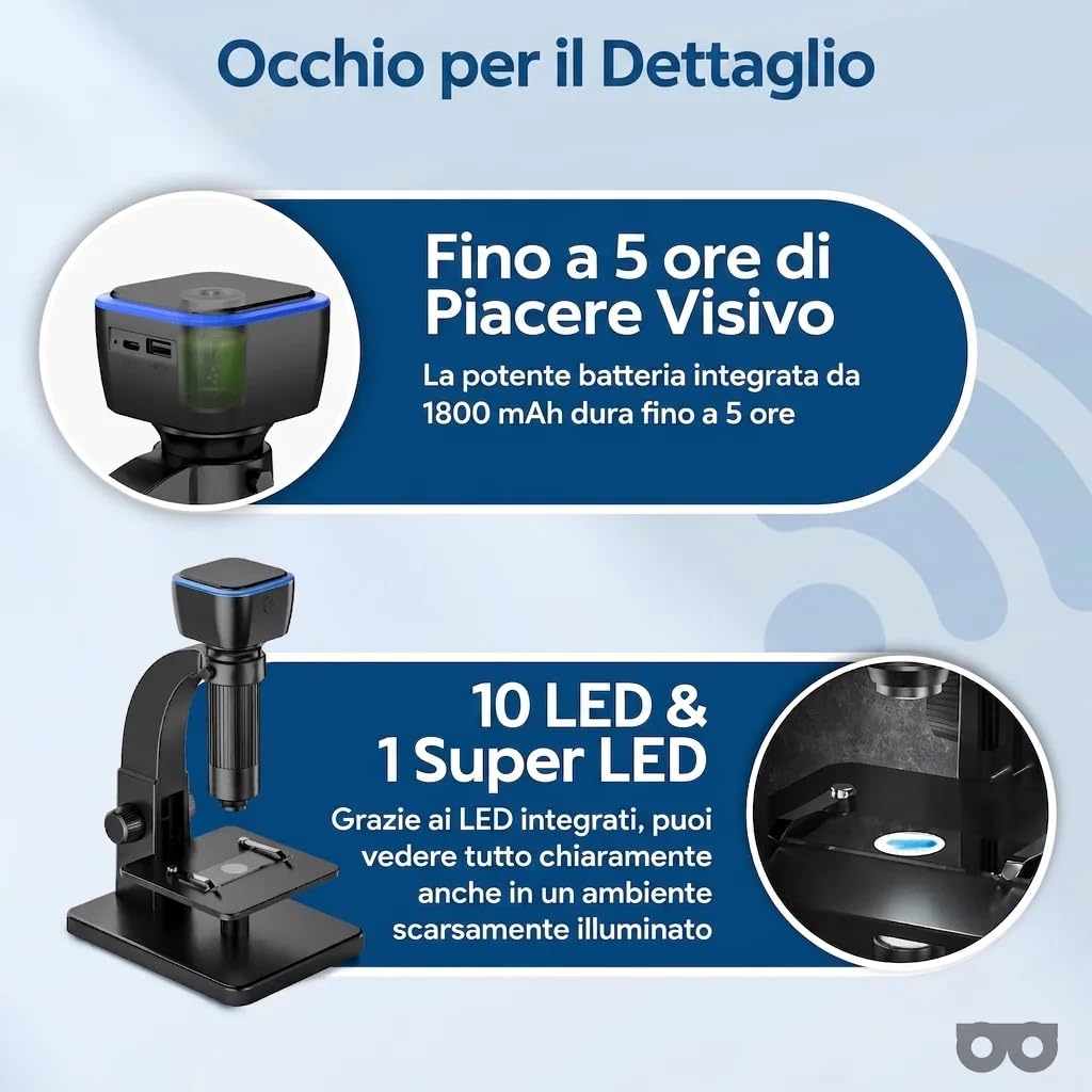 Microscopio Digitale | Ingrandimento 50x-2000x | Wi-Fi e USB | Fotocamera 5 MP e 12 MP | 11 Luci LED | Batteria Ricaricabile | E-Book Microscopia Adulti Incluso