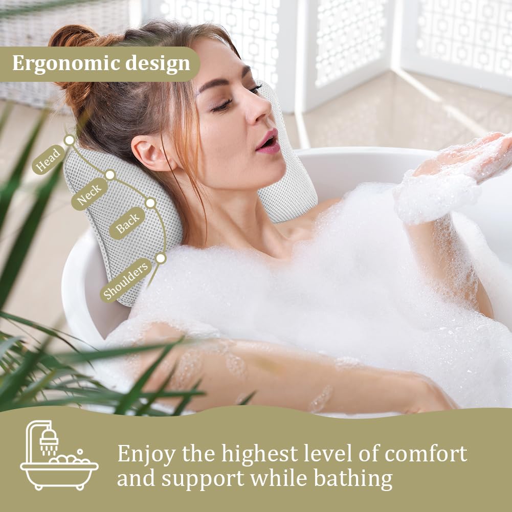 Oreiller de Bain, Oreiller de Bain Ergonomique 3D avec Ventouses Antidérapantes et 1 Boule de Bain, Coussin Baignoire pour Relaxation Optimale du Cou, Blanc(A)