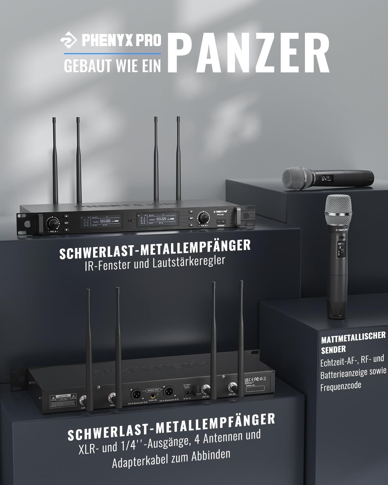 Phenyx Pro Dual UHF True Diversity Funkmikrofon-System PTU-2U-2H | Auto-Scan, 2 x 1000 Kanäle, 328 ft Reichweite, IR-Sync, Dynamische Handmikros, Gesang, Bühnengesang, Studioaufnahme