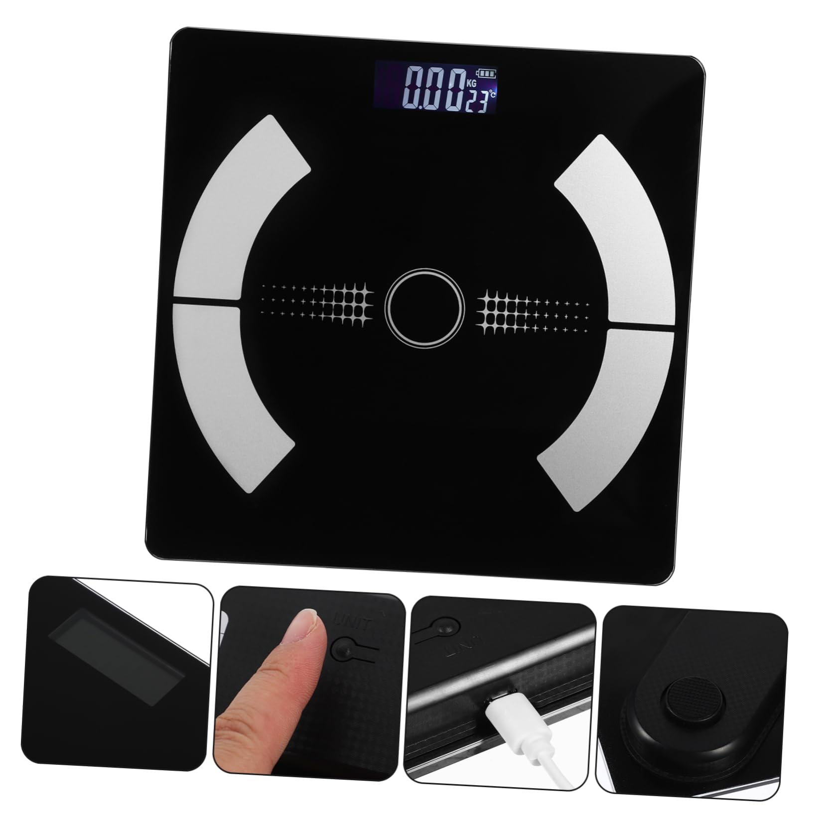 Báscula Digital para Peso y Grasa Corporal Negra de Vidrio | Carga Usb, Pantalla Digital de Lectura Clara, Uso Doméstico para Control de Salud y Fitness