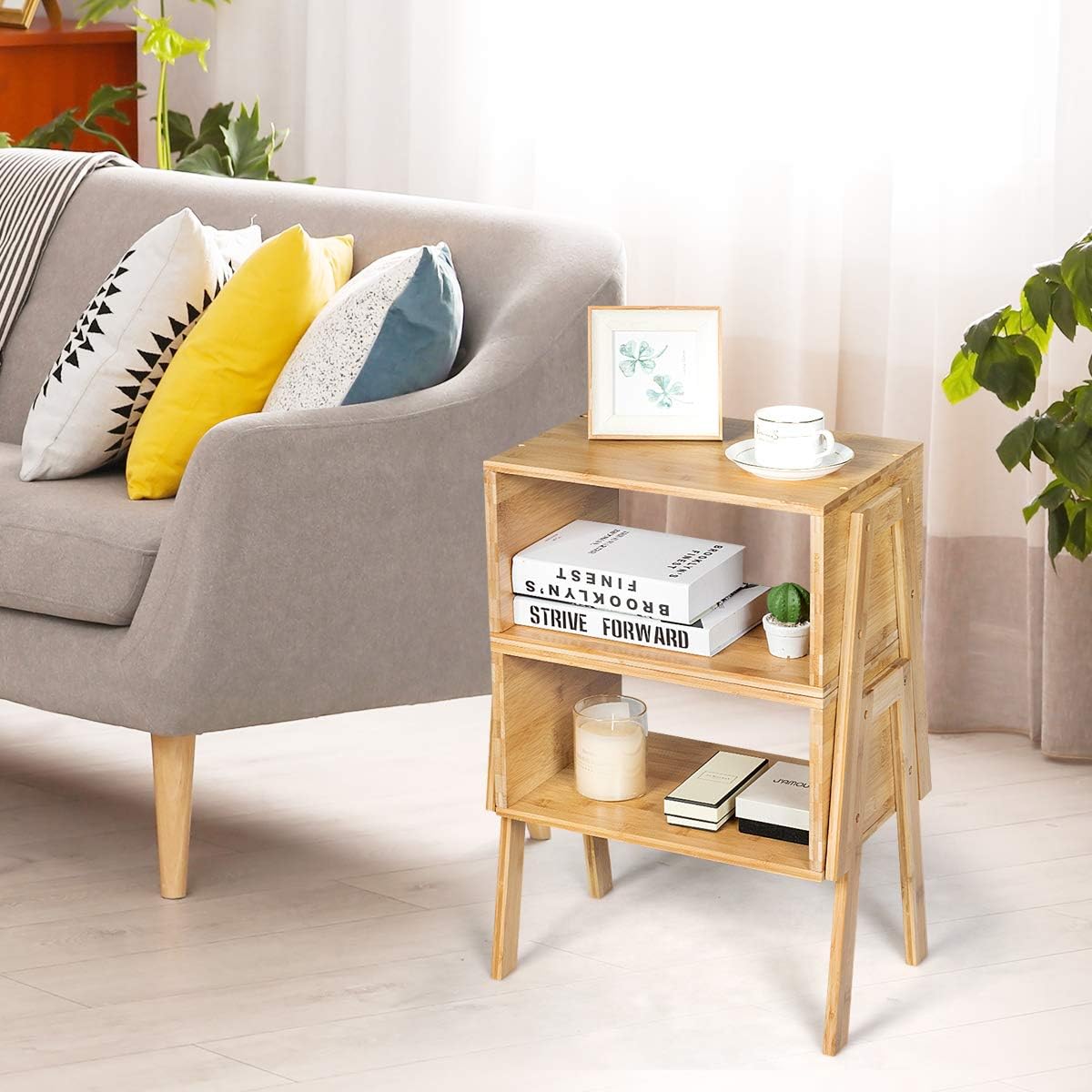 GORELAX Bamboo Nightstands Set of 2, Stackable Bedside Table w/Open Storage Shelf, Narrow Rectangular Rustic Wood End Tables for Small Space, Bedroom, Living Room