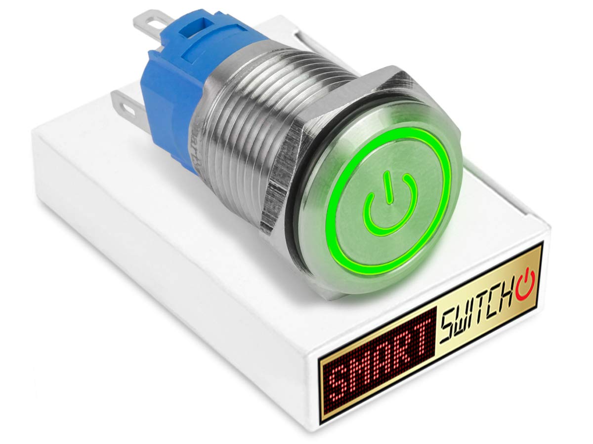 SmartSwitch 19mm Angel Eye Power Stainless Steel Latching SPST Push Button Green LED Metal Switch AE19