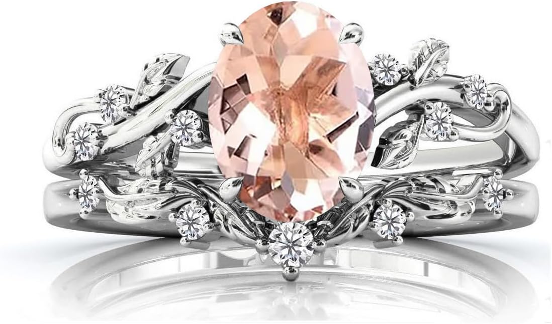 2CT Birthstone Ring Set 925 Sterling Silver Birthstones Engagement Ring for Women Leaf Design Moissanite/Moonstone/Opal Gemstone Ring Set Birthday Mother's Day Jewelry for Mom Girlfriend Wife