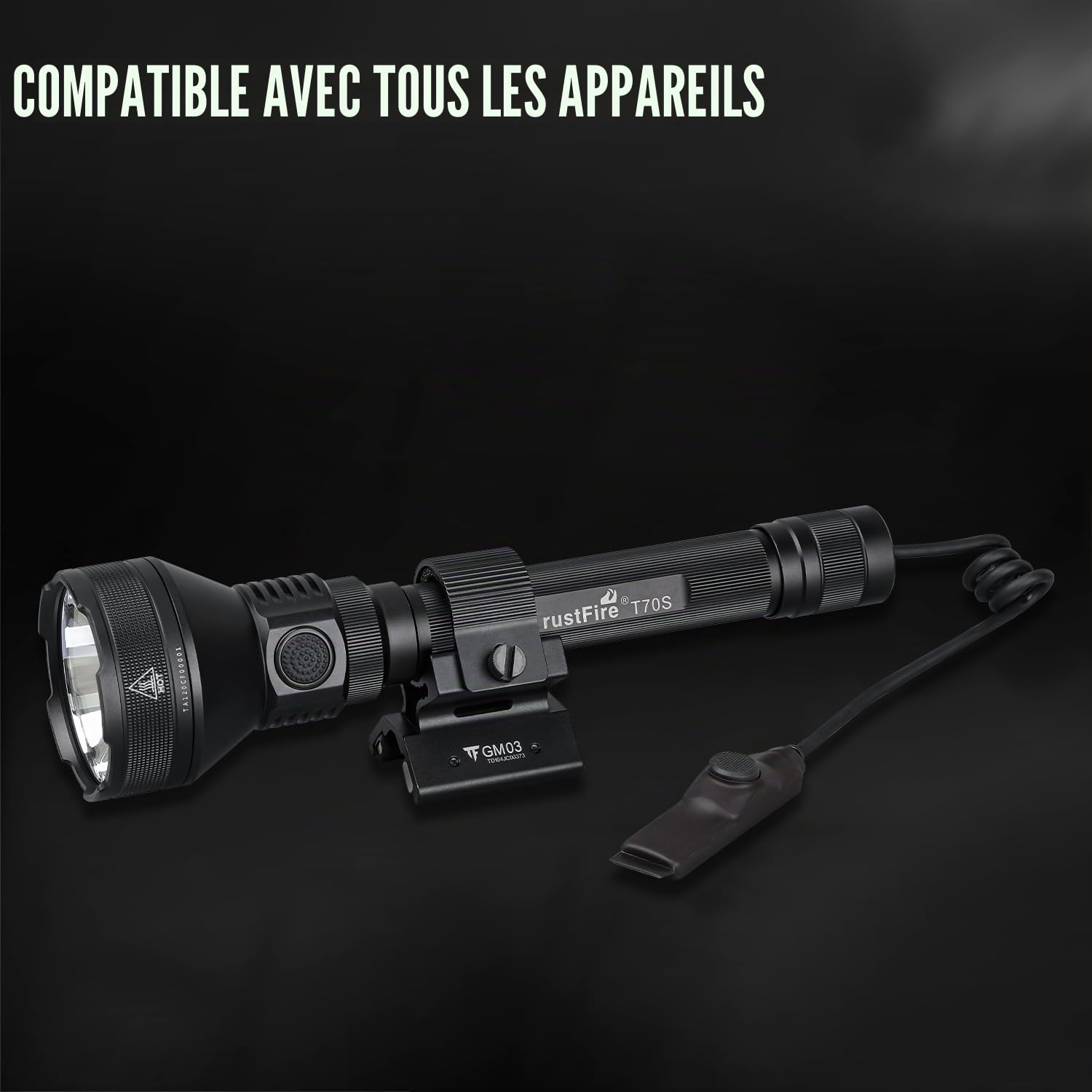 TrustFire T70S Kit Lampe Tactique, Lampe de Poche LED, 2350 Lumens Haute Puissance, Rechargeable, Longue Portée 1050m, IPX8, Idéale pour la Chasse, la Recherche et le Secours, le Camping, Randonnée