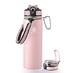 GOSWAG Insulated Sports Water Bottle, 24oz 2 Lids(with Straw/No Straw), Stainless Steel Water Bottles with Paracord Handle, Insulated Bottle with Double-Wall Vacuum Insulation