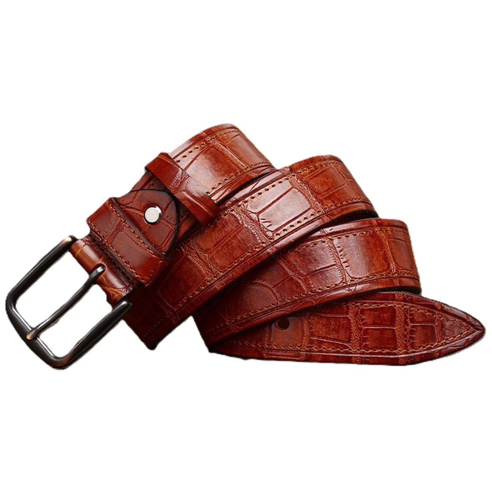 AGUTALITHIC Men's Women's Embossed Crocodile Pattern Cowhide Leather Hand Stitched Belt with Vintage Buckle 3.7cm Wide Strap(130cm/51, Reddish Brown)