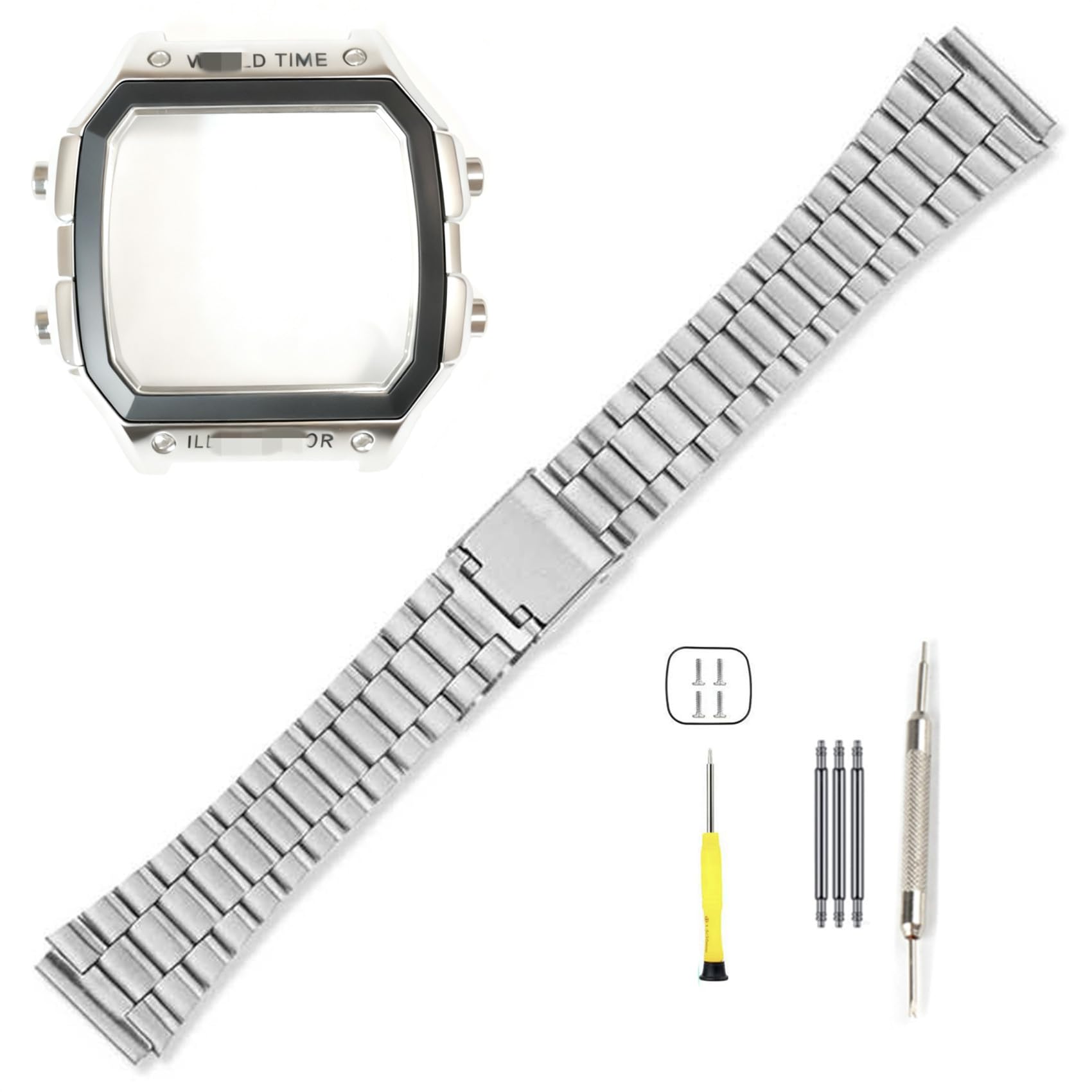 Regular Version Compatible for AE1200/1300 Watch Case + Band + Waterproof Ring + Glass Compatible AE1200/1300 Stainless Steel Metal Custom Men's Aftermarket Replacement Accessories Set