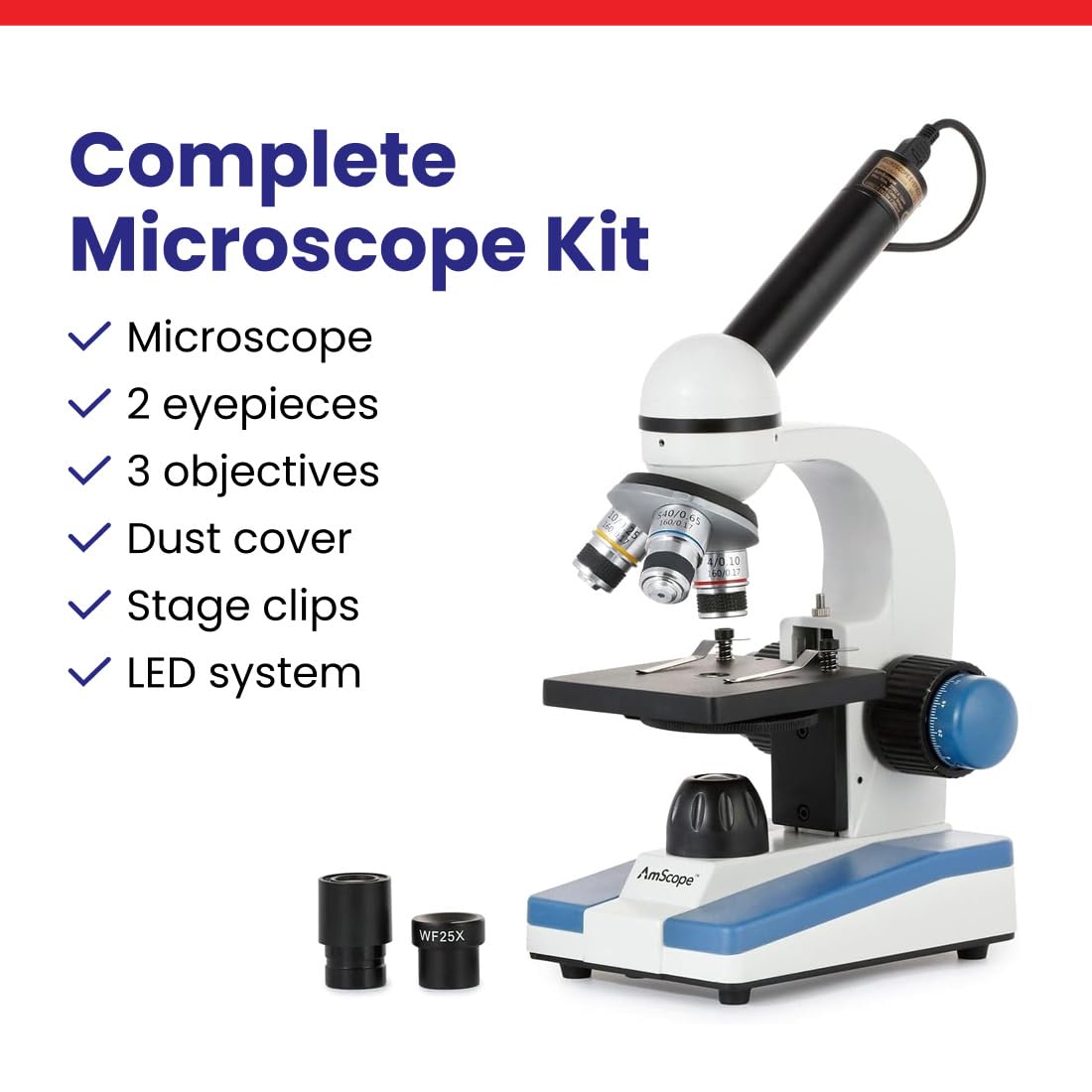 AmScope - Microscopio Composto, per Studenti, con Ingrandimento 40X-1000X, Telaio in Metallo e Lenti in Vetro, Senza Fili, Illuminazione a LED - M150C