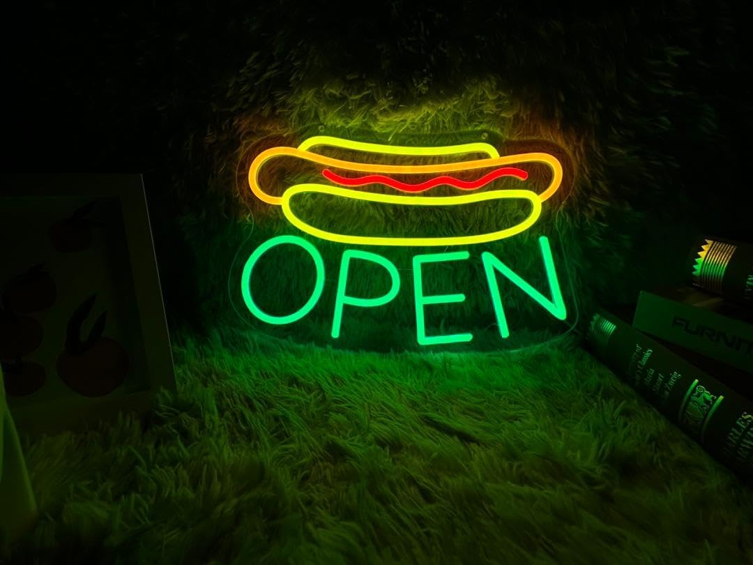 Hot Dog OPEN Neon Sign (24x15.7'' - 12V Super Bright) Hot Dog Signs Business Open sign neon (24x15.7'', Green)