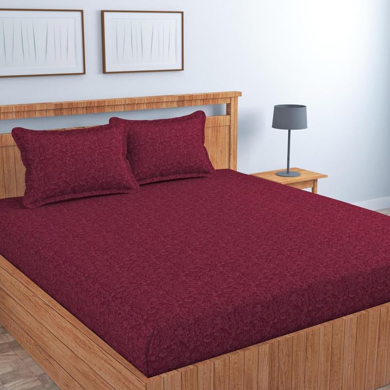 Image of Jashan Glace Cotton All Around Elastic Fitted Elegent Self Flower Print Queen Size Double Bed Bedsheet with 2 Pillow Covers Fits Upto Mattress of 10 Inches,Size - 72 x 78 x 10 Inches - Maroon
