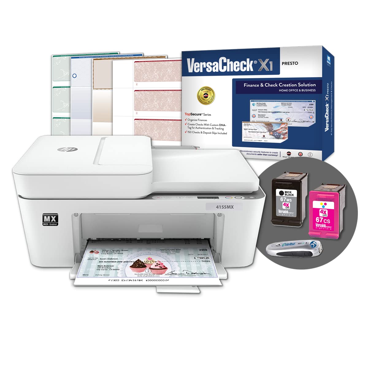 VersaCheck HP DeskJet 4155 MXE MICR All-in-One Check Printer and VersaCheck Presto Check Printing Software Bundle, White (4155 MX)