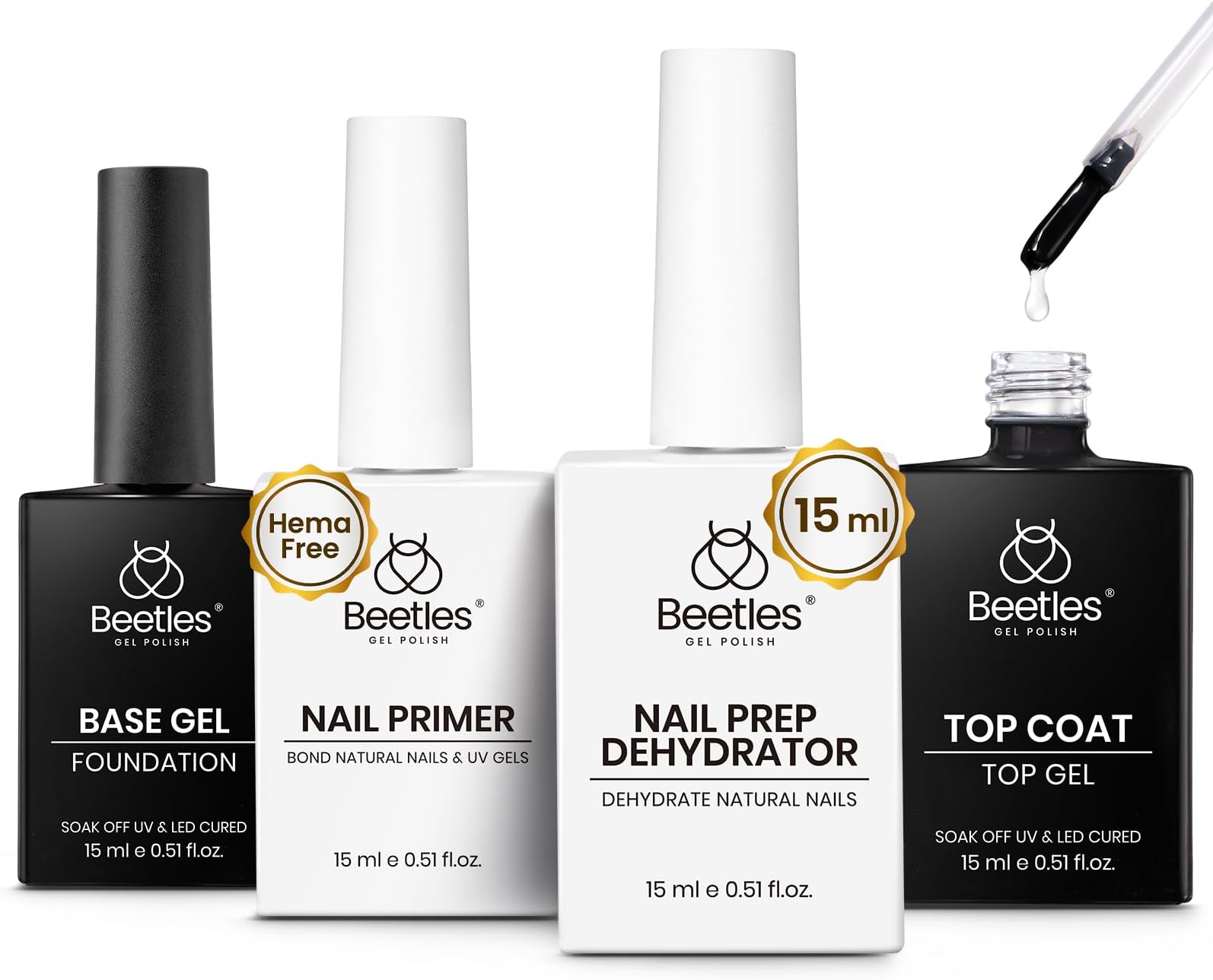 Beetles 4 Pcs 15ml Gel Top Coat and Base Coat Set with Nail Dehydrator and Primer Professional Nail Prep Acid-Free & Hema-Free Dehydrate Bond Primer Set for Acrylic & Gel Nail Polish Fall Nail Gifts
