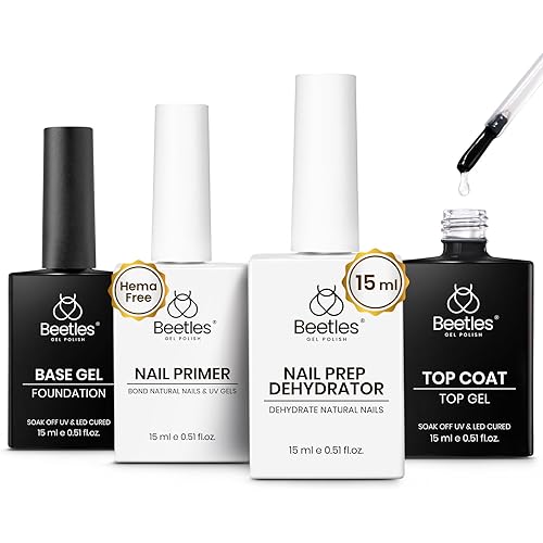 Beetles 4 Pcs 15ml Gel Top Coat and Base Coat Set with Nail Dehydrator and Primer Professional Nail Prep Acid-Free & Hema-Free Dehydrate Bond Primer Set for Acrylic & Gel Nail Polish Nail Gifts