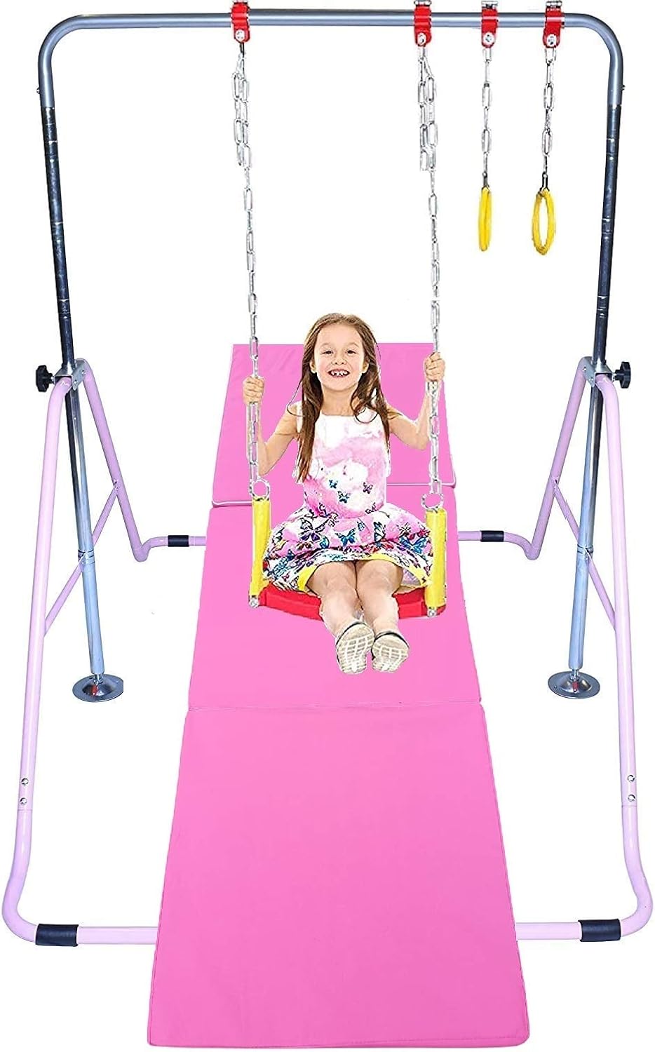 Gymnastic Bars for Kids 4 in 1 Set with Swing Seat, 2 Trapeze Rings, & Tri Fold Mat | Adjustable Height Folding Gymnastics Training Kip Bar for Home | Junior Horizontal Bar Expandable Monkey Bar Pink