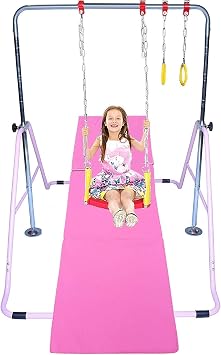 Gymnastic Bars for Kids 4 in 1 Set with Swing Seat, 2 Trapeze Rings, Tri Fold Mat | Adjustable Height Folding Gymnastics Training Kip Bar for Home | Junior Horizontal Bar Expandable Monkey Bar Pink