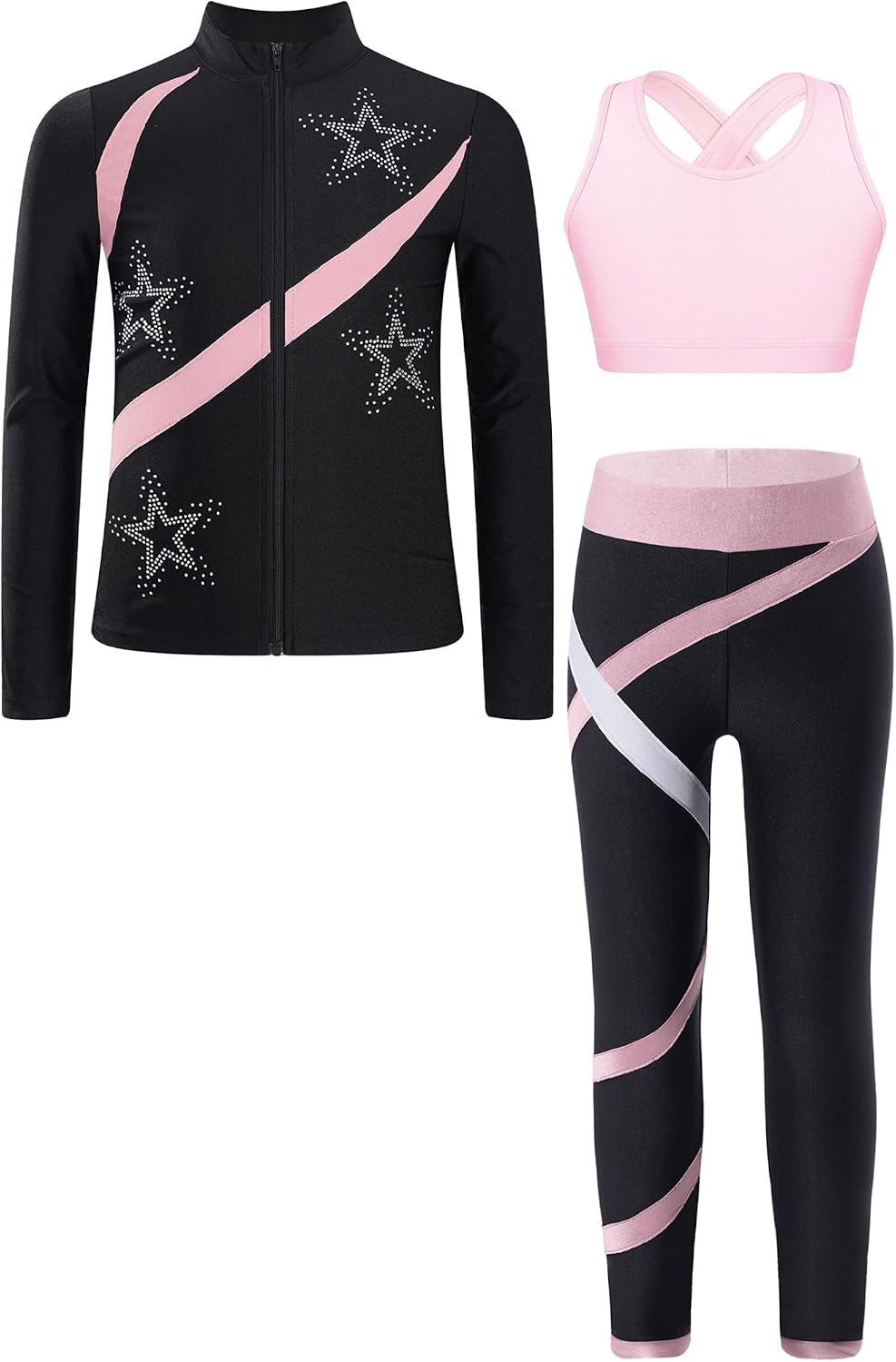Girls Long Sleeve Star Rhinestone Jacket Athletic Crop Tops And Gymnastics Leggings Figure Skating Set Outfits
